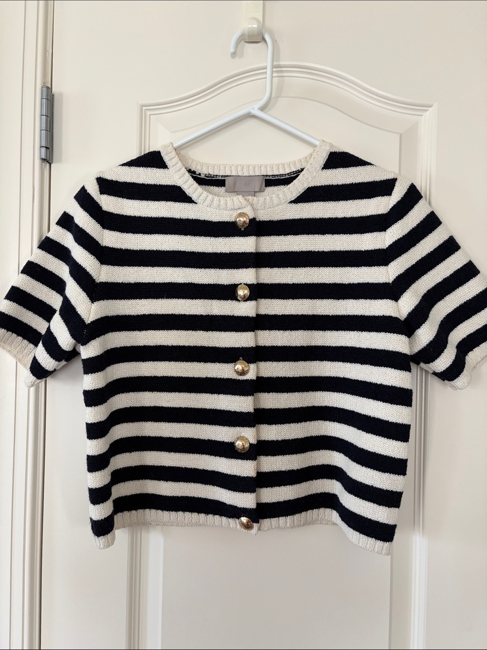 H&M Navy and Cream cropped Striped Short-Sleeve Cardigan